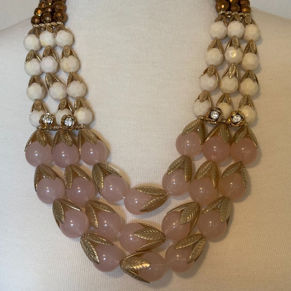 Faux rose quartz gold bib necklace